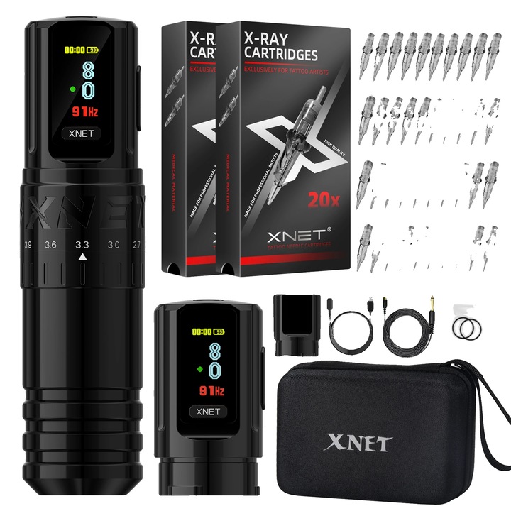 Машина за татуиране, регулируема дължина на хода, OLED дисплей, черна, двойна батерия