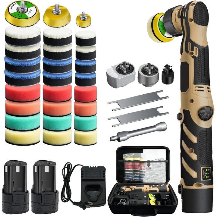 Polizor auto, 6000 RPM, galben, set complet cu pad-uri de polisare