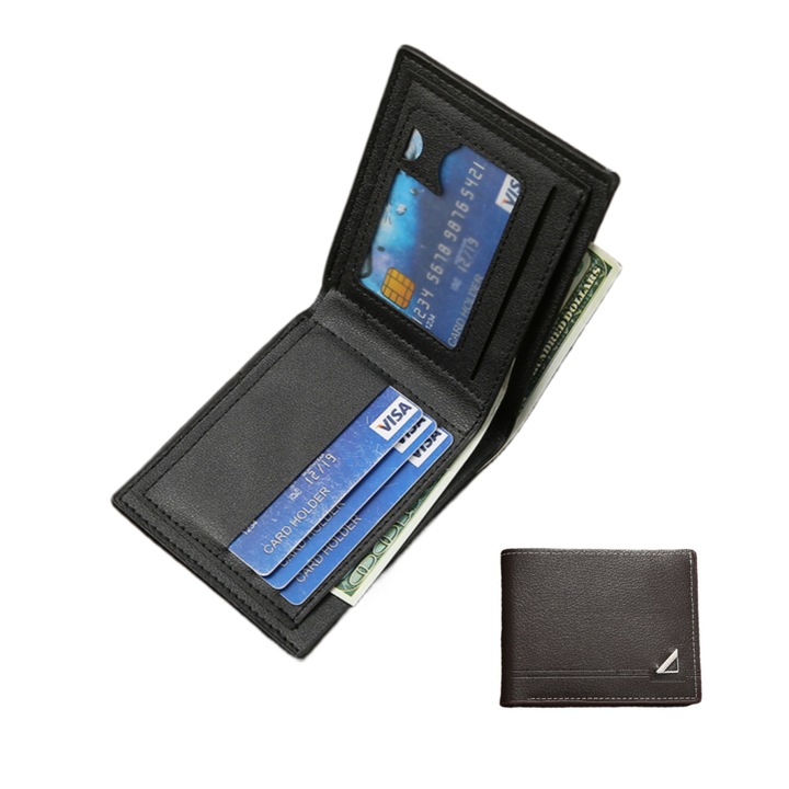 Portmoneu scurt pentru barbati, usor si capacitate mare, cu compartiment separat pentru acte si portcarduri multifunctionale, potrivit atat pentru uz profesional cat si casual, negru