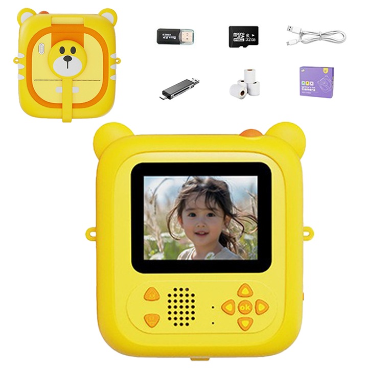 Моментален фотоапарат Aiorber за деца, печат, жълт, 7 ролки фотохартия, 4800W, въртящ се обектив на 180