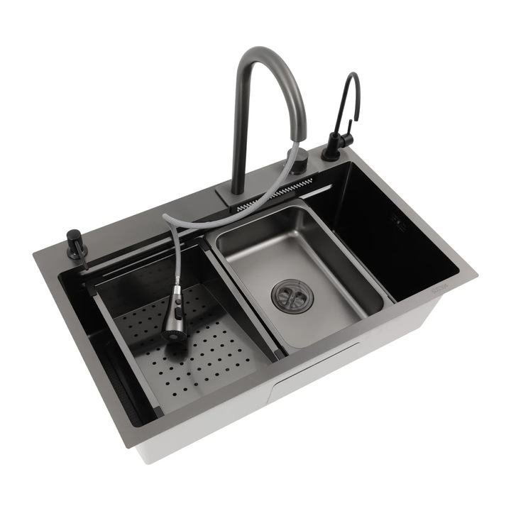 Chiuveta bucatarie, trei cuve, neagra, 75x46x22cm, cu accesorii