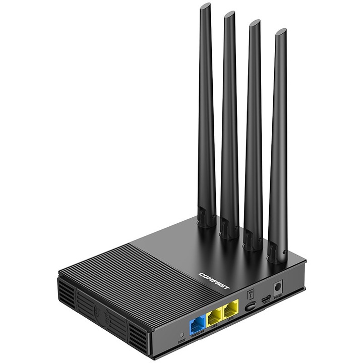 Wireless Router Comfast WiFi6 4G LTE cu slot pentru card SIM, 300Mbps, 4 antene, portabil Plug & Play CF-E13, securitate HomeShield, latenta ultra-redusa, moduri duale de alimentare