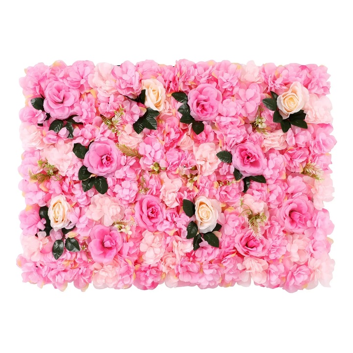 Perete cu flori artificiale, Panou decorativ de perete, Set 12 panouri, Flori din plastic, Pentru nunta si petreceri, Decor exterior, Roz