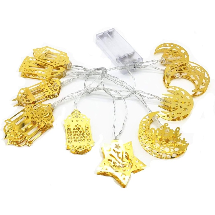 Instalație lumini LED, 10 lumini, lungime 1,65m, aurii, lumina albă caldă