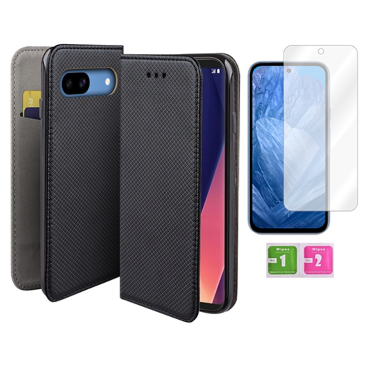 Etui cu clapa pentru Samsung Galaxy A12 M12, negru, cu magnet si sticla de protectie 9H, set