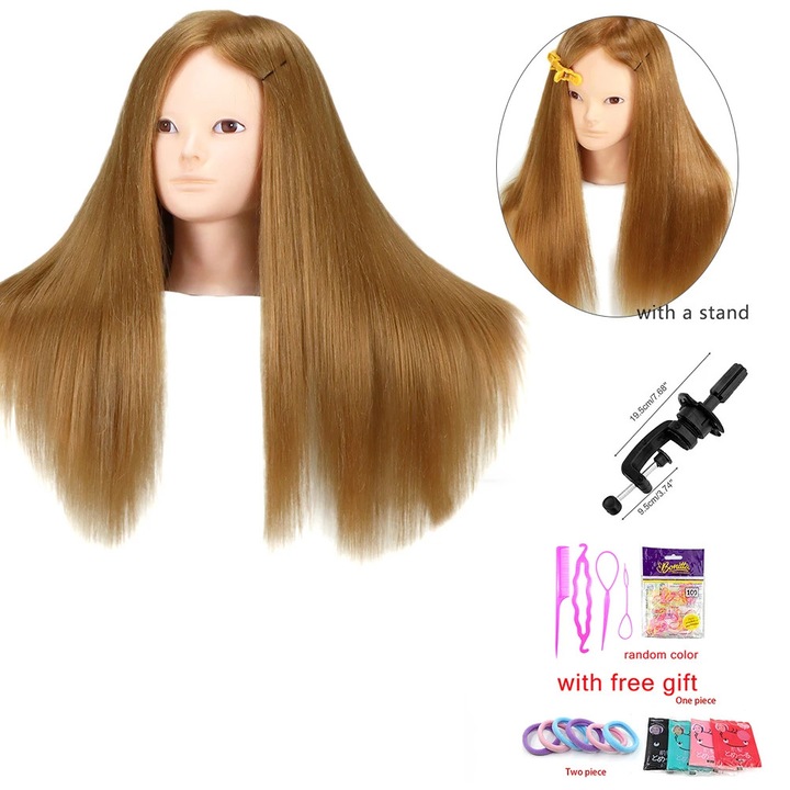 Cap de manechin pentru antrenament, 60cm, par sintetic, culoare castaniu deschis, set.