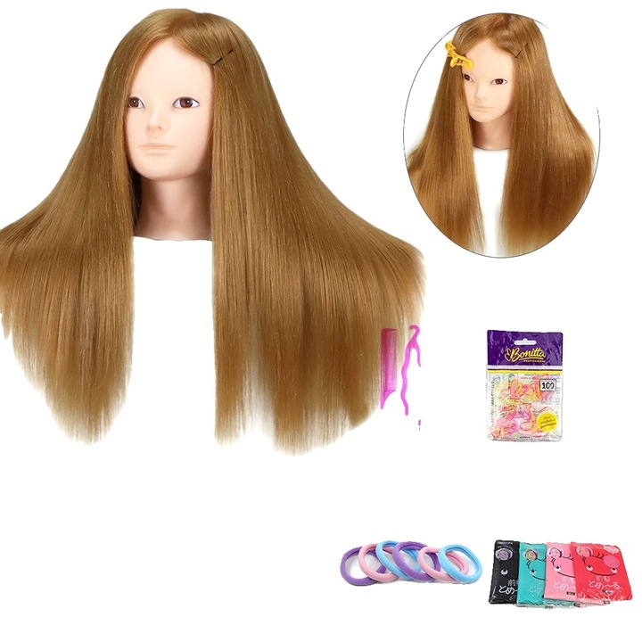 Кукла глава, 60см, инструмент за тренировка по фризьорство, синтетична коса, светло кафяв цвят