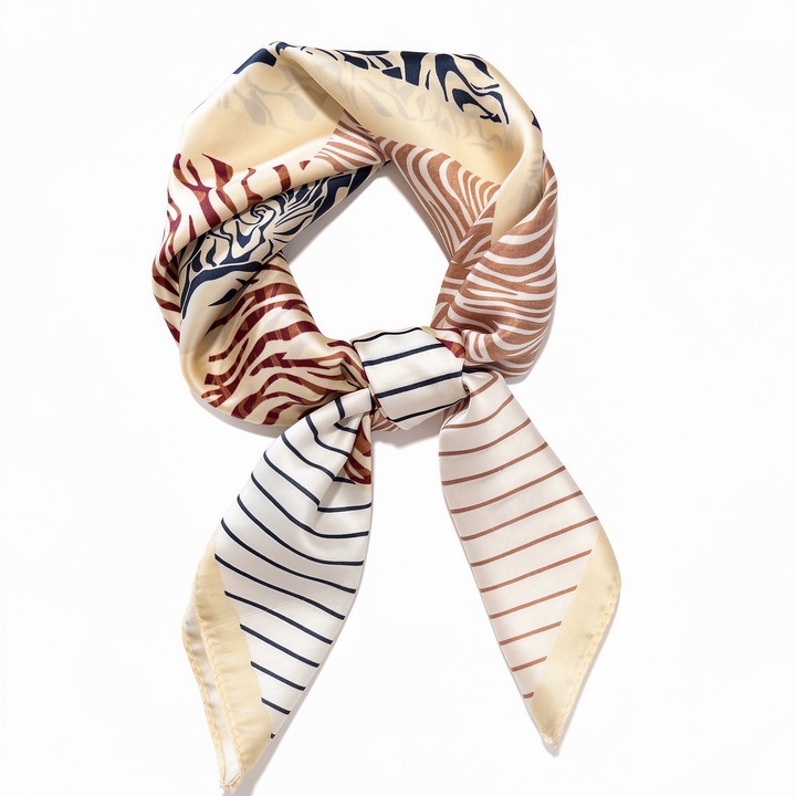 Fular dama, 70x70cm, bej, imprimeu dungi, poliester