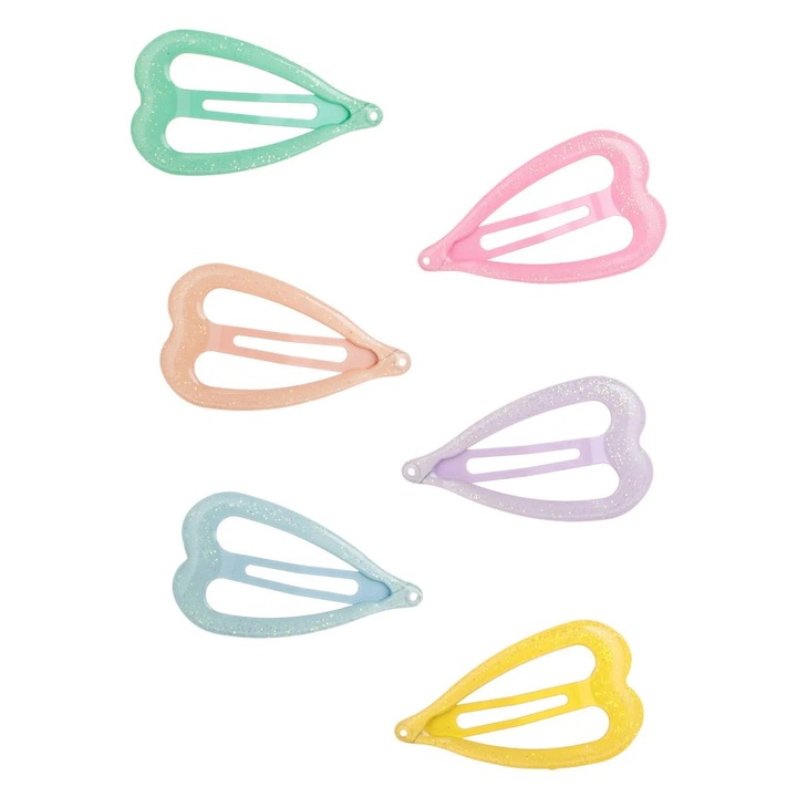 Set Clame Metalice Par Inimi de Culori Pastel cu Glitter pentru Copii 4.5cm - 6buc