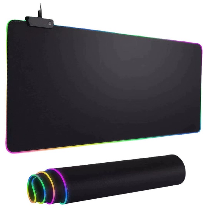 Mousepad profesional XXL pentru gaming, 11 moduri de iluminare LED, 900x400x4mm, suprafata moale si rezistenta la stropire, baza antiderapanta din cauciuc, margini cusute, include cablu USB