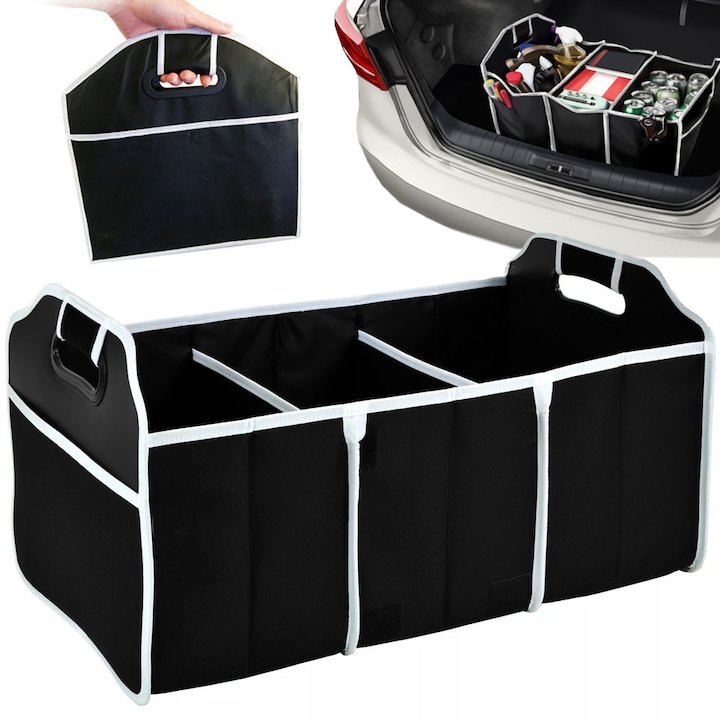 Organizator auto NOU, negru, 3 compartimente, 4 buzunare, dimensiuni desfăcut 58x32, 5x32, 5cm