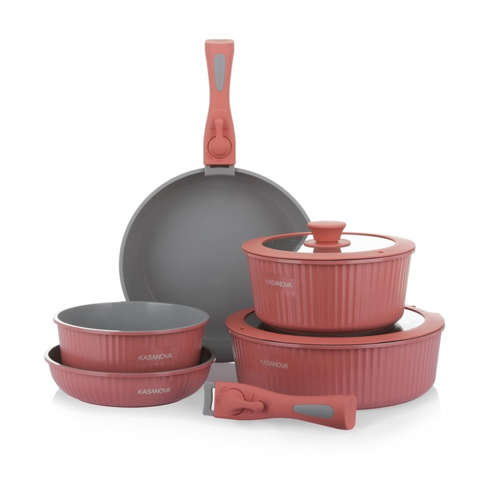 Set de oale de gatit KASANOVA Eaziclip 9 piese, set de oale potrivite cu inductie, cu acoperire ceramica si manere detasabile pentru cuptor, vase de gatit antiaderente cu capace (roz)