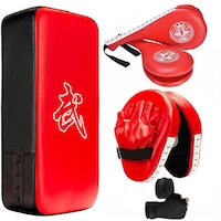 Palmare Sporturi de Contact, set 7 piese, Piele / Spuma EVA, Paduri de lovituri Taekwondo, Antrenament, Pentru Antrenament MMA, Kickboxing, Karate, spuma elastica, design cu prindere pentru incheietura mainii, set, Negru / Rosu