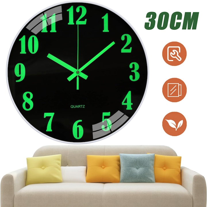 Модерен Стенен Часовник с Нощна Светлина, Без Тиктакане, 30 см, Големи Цифри и Стрелки със Светеща Функция, Декоративен Стенен Часовник на Батерии за Офис, Кухня, Всекидневна