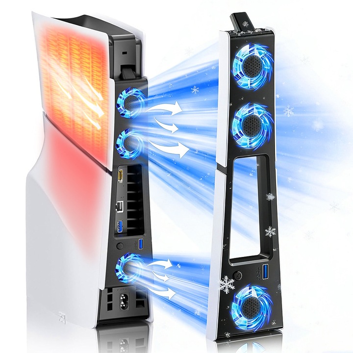 Ventilator Cooler pentru PS5 Slim, DONFANLIA®, 3 Ventilatoare, 2 viteze, LED Albastru, Port USB 3.0, sistem de racire silentios, Pentru digital si disc edition, ABS, Negru