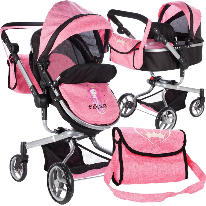 Carucior pentru papusi MalPlay, colectia Printesa, 2 in 1, maner reglabil, multicolor, 64-80 cm