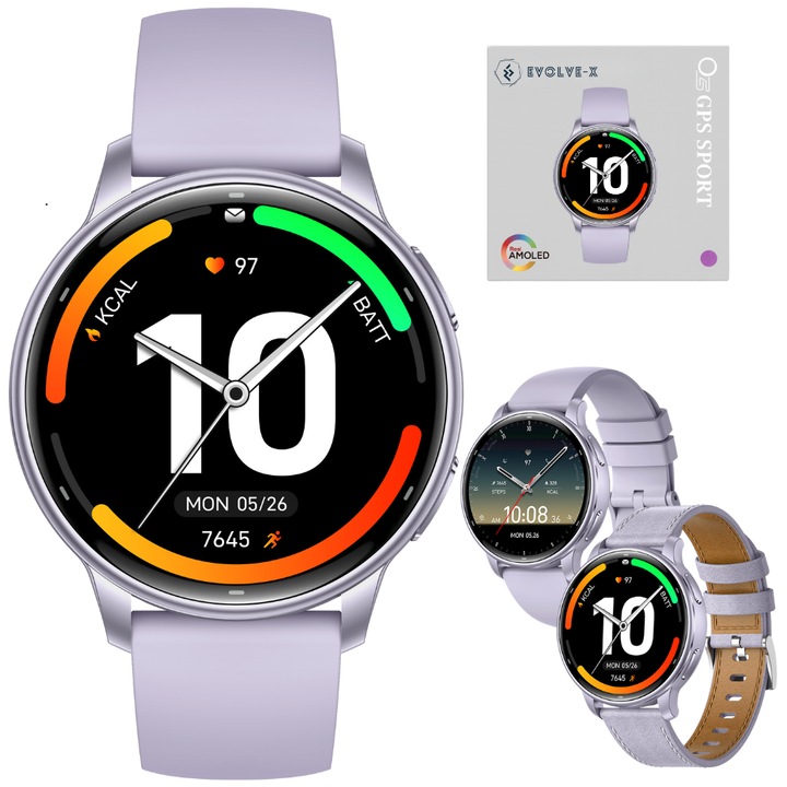 Смарт часовник EvoWatch Naro, AMOLED 1.32", Мониторинг на пулс и кислород, Водоустойчив 3ATM, Пастелно лилав, Комплект с две каишки