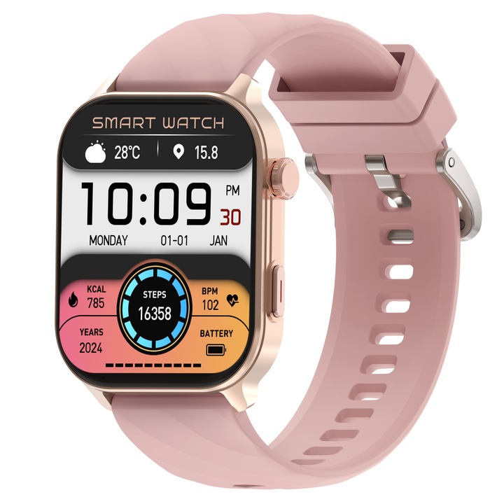 Ceas Smartwatch Unisex, Active VLC211 by BIRAI®, ecran 2.01", GPS Multi-System, fitness & sport, monitorizare sanatate, rezistent la apa 1ATM, smart, notificari, apel Bluetooth, autonomie extinsa, compatibil Android & iOS, curea silicon, Roz