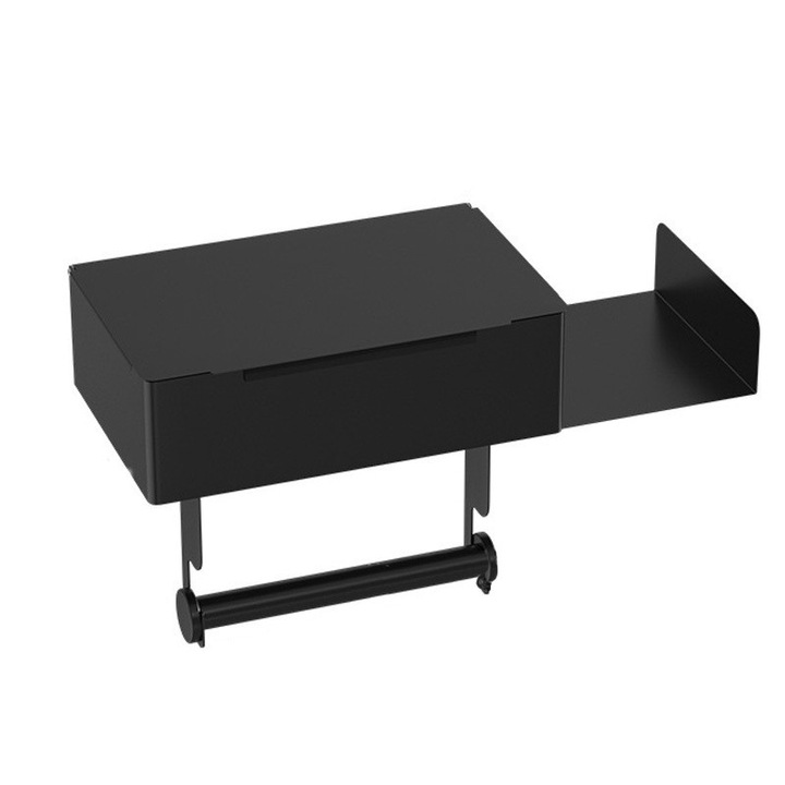 Suport 3 in 1 pentru hartia igienica, Omelivon, cu Cutie de Depozitare, Otel inoxidabil, instalare usoara cu banda adeziva, 22*14.5*7.5, Negru