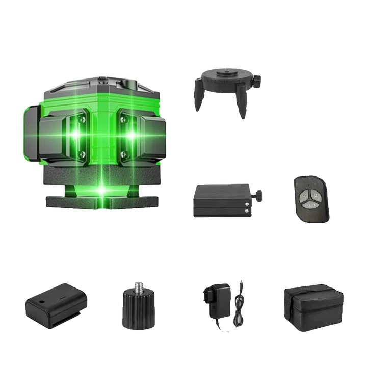 Nivel laser, 12 linii, proiectie 3 x 360, functie de auto-nivelare, rezistent la apa si praf, 65ft