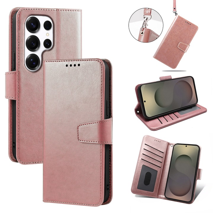 Husa pentru Samsung Galaxy S25 Ultra, Omelivon, piele fina, Diary Book, tip carte, cu Portofel Interior, stand, Inchidere Magnetica, Antisoc, Roz