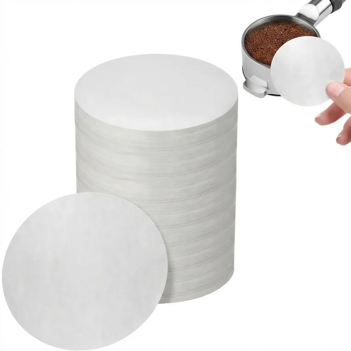 100 foi rotunde de filtru espresso din hartie, 58 mm, Imbunatateste extractia si mentine capul de infuzare curat, Pulpa virgina, fara clor