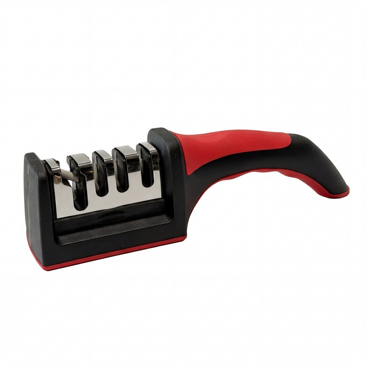 Ascutitor de cutite profesional 4 in 1, Lame din carbura de tungsten si ceramica, Maner ergonomic si baza antiderapanta, Cap detasabil al lamei, negru/rosu