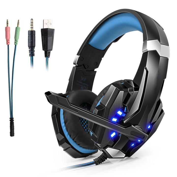 VeniSymlis® Casti Gaming cu Fir Profesionale G9000, Driver 40mm Sunet Stereo Clar, Microfon Omnidirectional si Iluminare LED, Cablu 1.9m (USB + Jack 3.5mm), Compatibile cu PC, PS4 si Xbox, Izolare Fonica, Negru