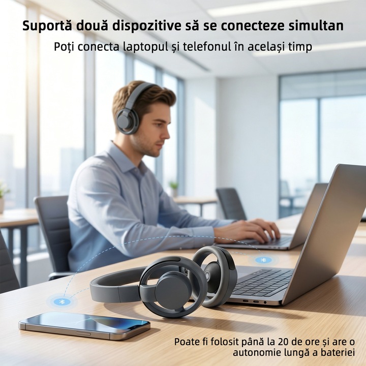 VeniSymlis® Casti wireless Open-Ear, dual driver (tweeter + woofer), Bluetooth 6.0, autonomie 20h, incarcare USB-C, microfon dual MEMS, design ergonomic din silicon, 185g, negru