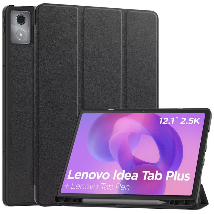 Husa pentru Lenovo Idea Tab Plus 12.1" (2025) cu Suport Stylus, Piele eco, Smart Cover – Negru