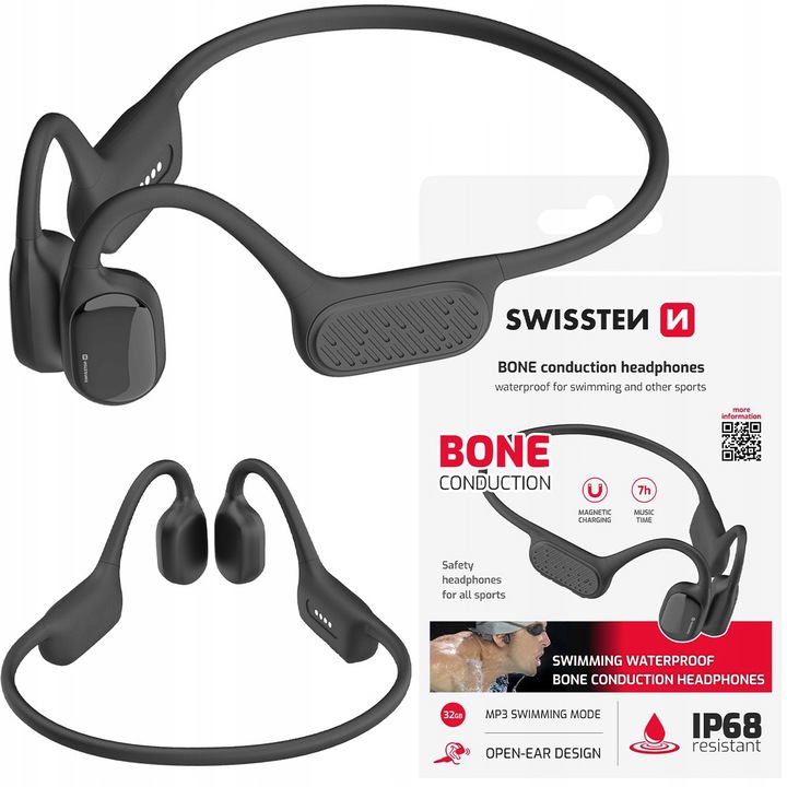 Set Căști Wireless Swissten, Conductie Osoasă, Impermeabilitate IP68, Memorie 32 GB, Negru