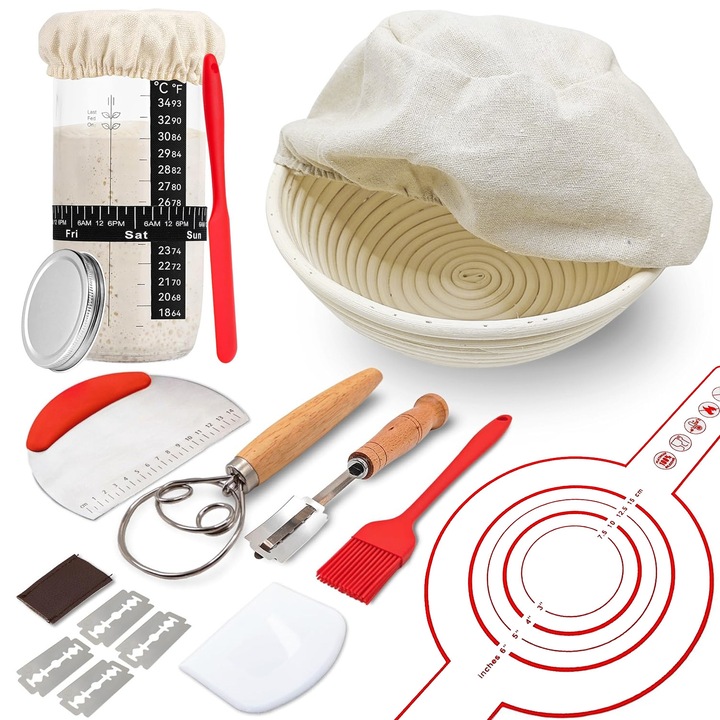 Set Cos pentru Paine, BYONDSELF®, Ratan, Rotund, cu Husa din Stofa, Borcan Balon Fermentare, Perie Silicon, Spatula Bol, Razuitor Aluat, Tel pentru Aluat, Cutit Paine, Durabil, Lavabile, 22.5 x 8cm