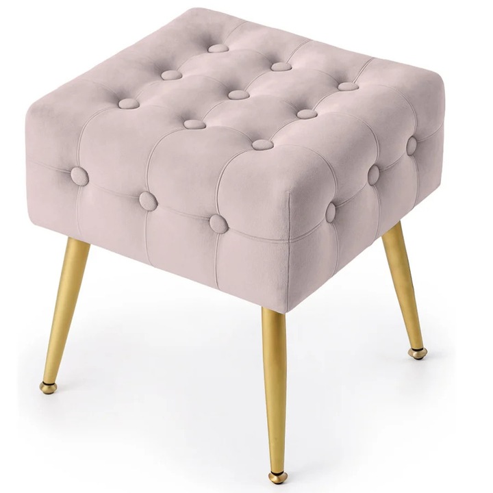 Taburet tapitat, Akord Furniture Factory, Quadra, velur, picioare metalice, roz pudra, 40x40x42cm
