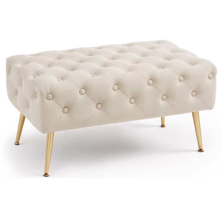 Taburet Madrid, tapitat cu catifea, tip banca, cu picioare metalice, 80x42x41 cm, bej