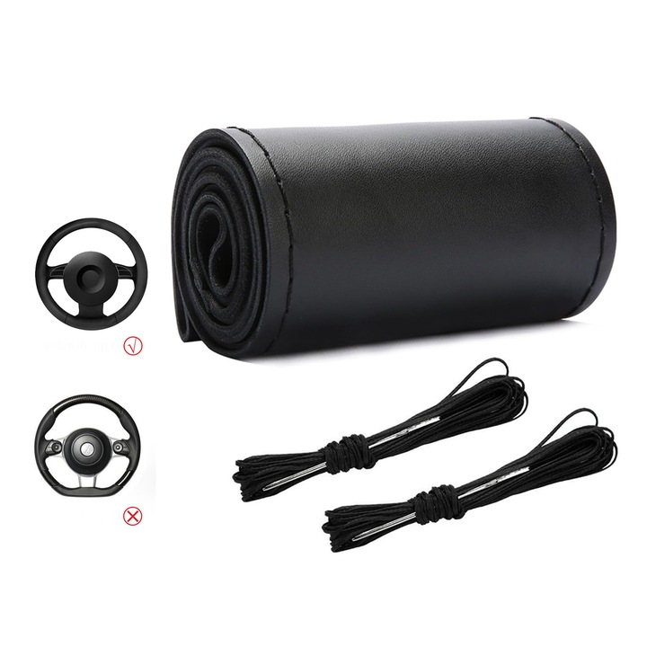 Husă volan din piele FooFoony, anti-alunecare, adaptată volanului, Negru, 37-38, 5cm