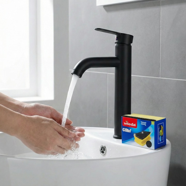 Set Baterie Chiuveta Baie TrioStore® Inalta Rotunda 30 Cm Negru Cu Finisaje Premium Si Racorduri Incluse + Burete Vileda Glitzi Pentru Curatare Eficienta, Set Accesorii Baie Design Modern