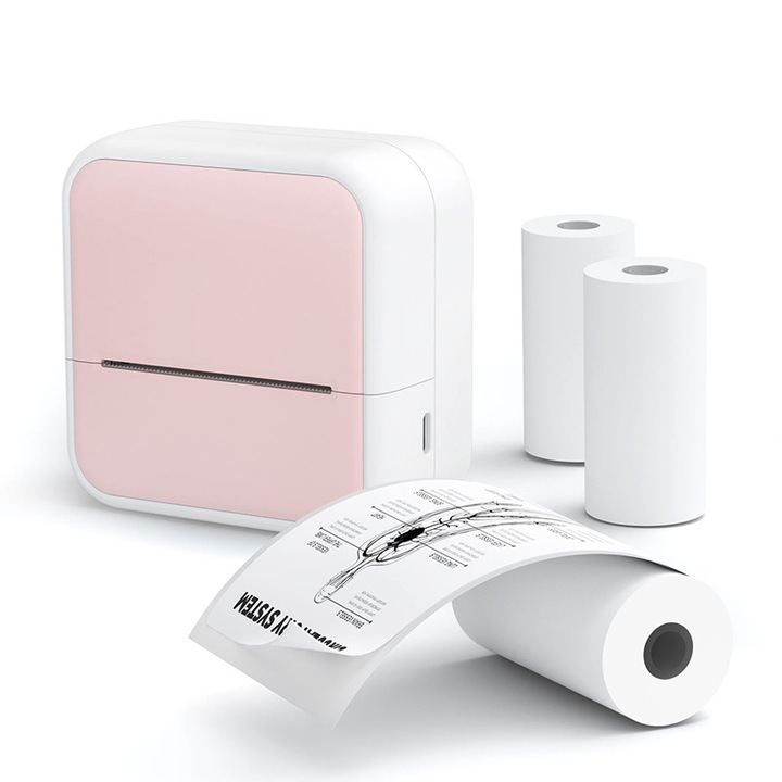 Термопринтер за етикети K0276-2026826-009, Bluetooth, преносим с батерия 1500 mAh, розов макарон, включва 5 ролки хартия