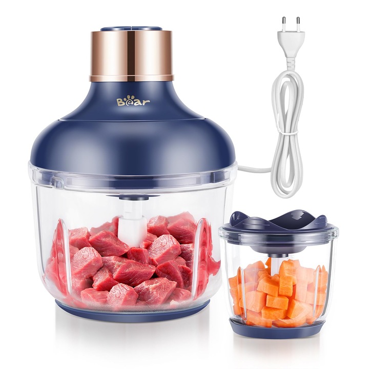 Mini tocator electric Bear 0, 6L+2L, 2 trepte de viteza, tocator cu 4 lame din otel inoxidabil si masina de tocat carne, tocator recipient din sticla pentru carne, mancare pentru copii, fructe, legume