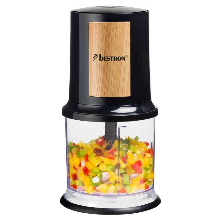 Tocator multiplu electric Bestron, tocator universal cu doua lame de taiere si capacitate de 500 ml, buton mare puls, 400 wati, colectia Black & Wood, culoare: negru/lemn