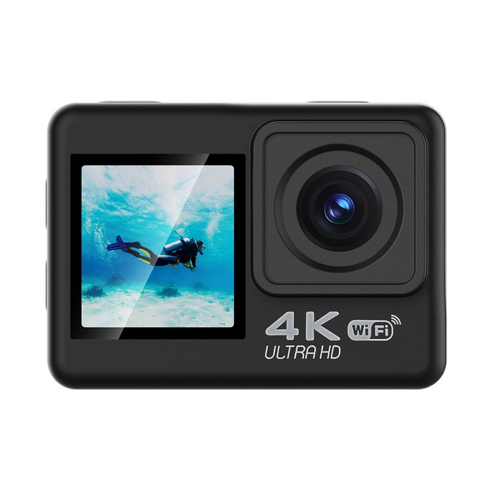 Екшън камера Xmart WF475DS, 4K, 24MP сензор, Два дисплея, Wi-Fi, С аксесоари, Черна