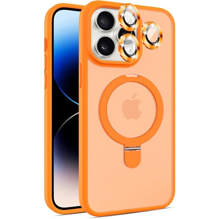 Husă pentru iPhone 17 Pro Max, MagSafe, suport metalic 360, portocalie, protecție ecran și cameră