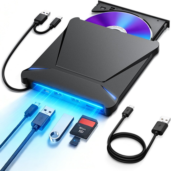 Преносимо външно DVD устройство, DONFANLIA, USB 3.0/Type-C, Черно, Plug and Play