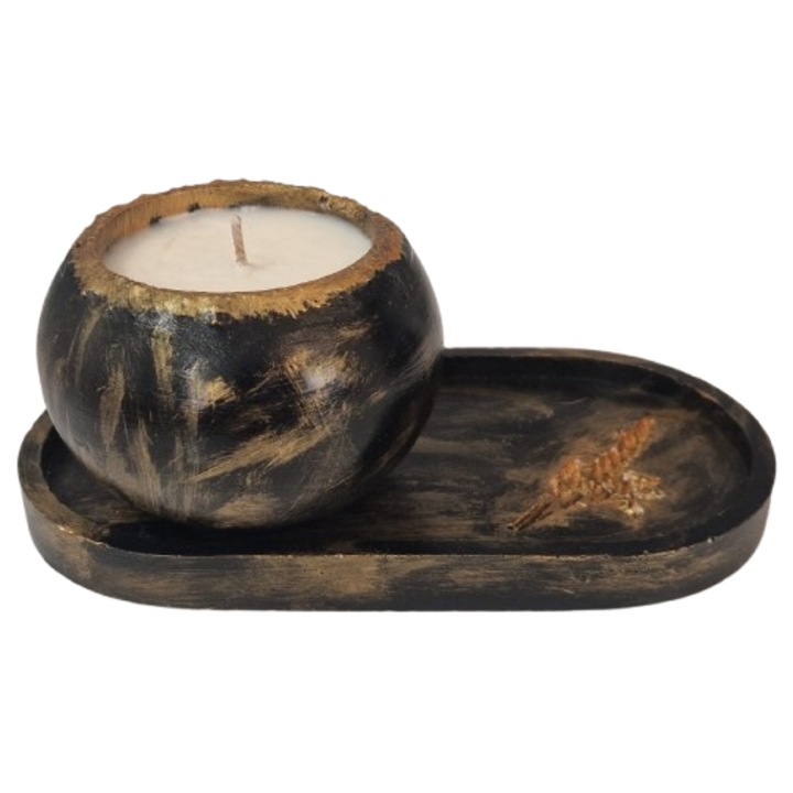 Set decorativ negru auriu, lumanare parfumata turnata manual din ceara naturala de soia in vas de ciment + tava decorativa din ciment, aroma Romance