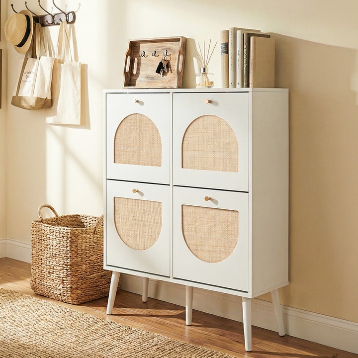 Dulap pantofi HOKEEPER ingust cu 4 sertare din MDF, reglabil, ratan, 105x24x80cm