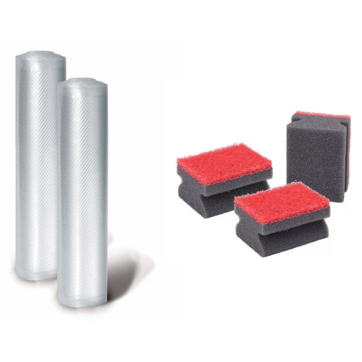 Set 2 role gofrate pentru vidat 20x600 cm, Transgourmet Quality + Set 3 bureți de curățat, Dirt Devil, 95x65x43mm, roșu/gri