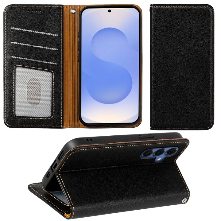 Калъф за Samsung Galaxy S25, Omelivon, кожен флип калъф, с вътрешен портфейл, функция стойка и магнитно закопчаване, премиум покритие, противоударен, черен