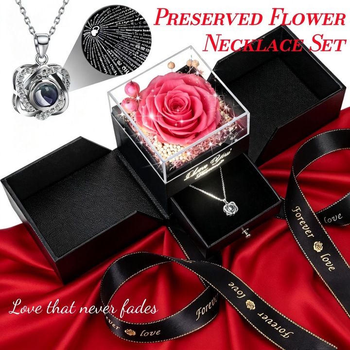 Set Trandafir etern cu colier, Excitat®, Flori conservate cu Lumini LED, Colier cu pietre pretioase, e Iubesc” in 100 de Limbi, Cutie cadou cu sertar, se pastreaza 3-5 ani, Cadou Ideal pentru Mama, Sotie, Iubita, Aniversare si Ziua Mamei, Roz
