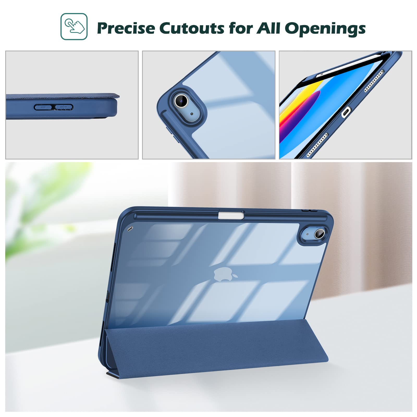 Husa tableta pentru iPad 11th gen 11-inch 2025 si iPad 10th gen 10.9-inch 2022, compartiment pentru Apple Pencil, design tri-fold, capac spate transparent, auto sleep/wake, ZYciyci®, albastru marin