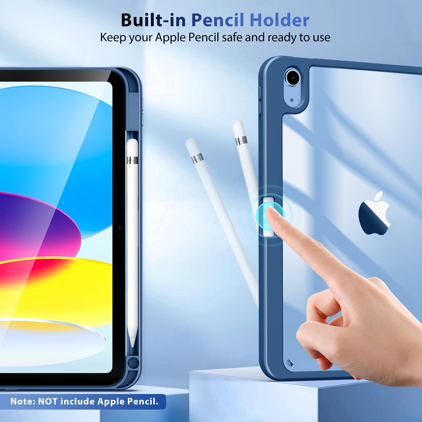 Husa tableta pentru iPad 11th gen 11-inch 2025 si iPad 10th gen 10.9-inch 2022, compartiment pentru Apple Pencil, design tri-fold, capac spate transparent, auto sleep/wake, ZYciyci®, albastru marin