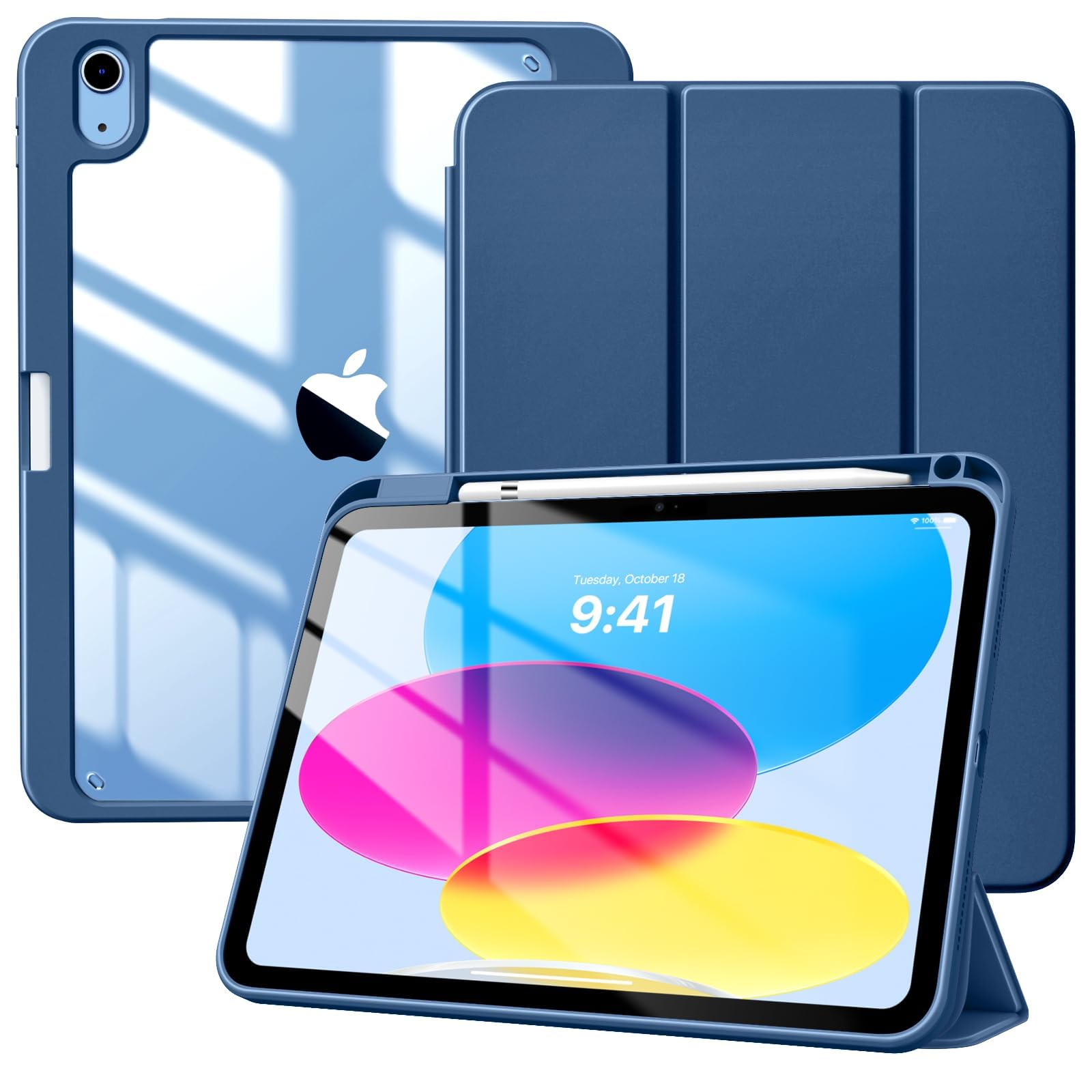 Husa tableta pentru iPad 11th gen 11-inch 2025 si iPad 10th gen 10.9-inch 2022, compartiment pentru Apple Pencil, design tri-fold, capac spate transparent, auto sleep/wake, ZYciyci®, albastru marin
